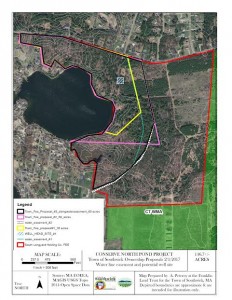 The Franklin Land Trust prepared a map that shows the boundaries of the different town fee proposals for the North Pond property. (Photo from Dennis Clark)