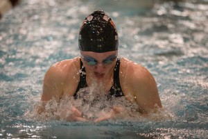 Westfield's Rachel Charette participates in the 200 yard medley relay at Saturday's swimming and diving championships. (Photo by Marc St. Onge)