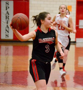 Olivia Hadla (3) makes a one-handed pass for Westfield. (Photo by Chris Putz) 