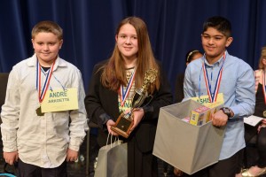 The top three spellers. From left to right: Andre Arkeotte, Christina Marini, Ashish Sharma.
