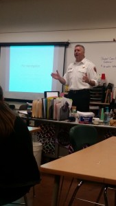 Westfield Fire Deputy Chief Eric Bishop talks with one of Mary Beth Berrien's classes about fire investigation