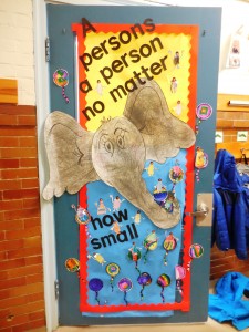 A kindergarten class "Door Wars&quot door was decorated with "Horton Hears a Who" door.