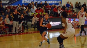 Westfield State's Jill Valley drives to the hoop in the first half against Montclair State on Friday night in the NCAA Tournament. (Photo courtesy of Westfield State University Sports)