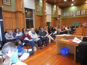A crowd gathered in City Hall Monday evening for the Westfield School Committee Finance sub-committee's discussion about school redistricting. (photo by Amy Porter)